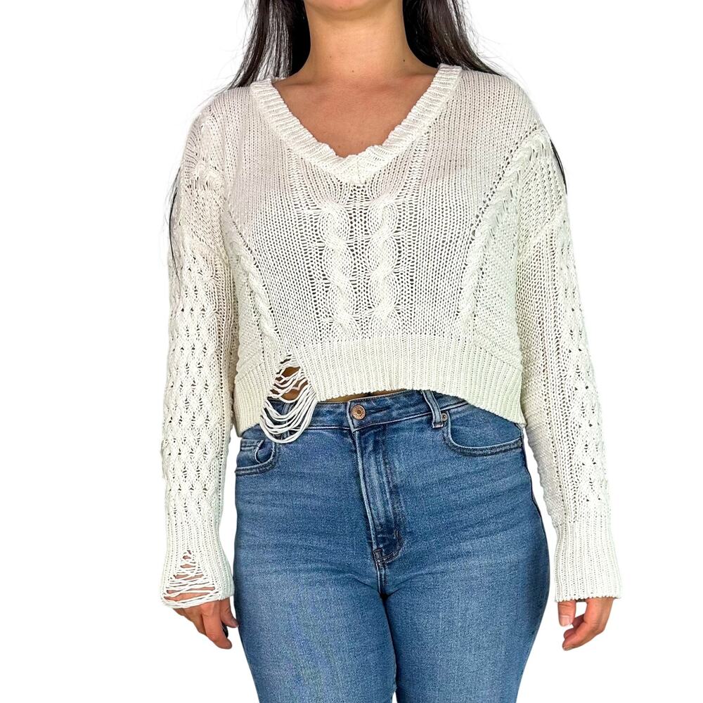 Elan Cream Distressed Knitted Cropped V-Neck Sweater